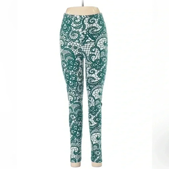 LuLaRoe | Vintage Green Lace Print OS One Size Leggings Fits Sizes 0-10 - Picture 1 of 4